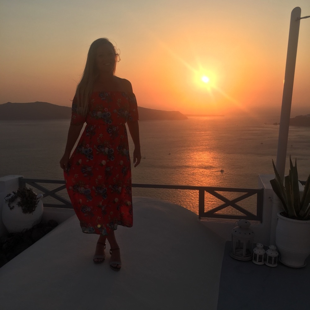 Off the shoulder, shin length floral dress